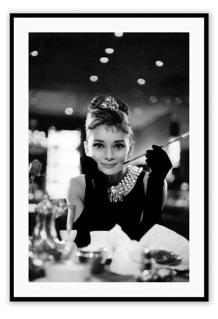A vintage fashion, cinematic wall art of model Audrey Hepburn in 60s movie Breakfast at Tiffanys
