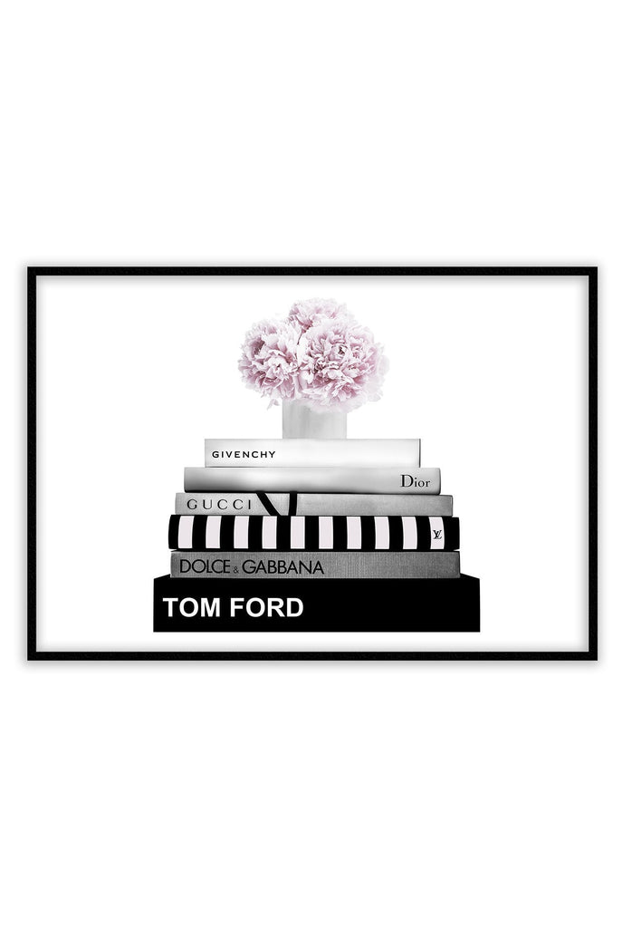 Fashion print black and white fashion books stacked pink  flowers on top givenchy gucci tom ford dolce dior 