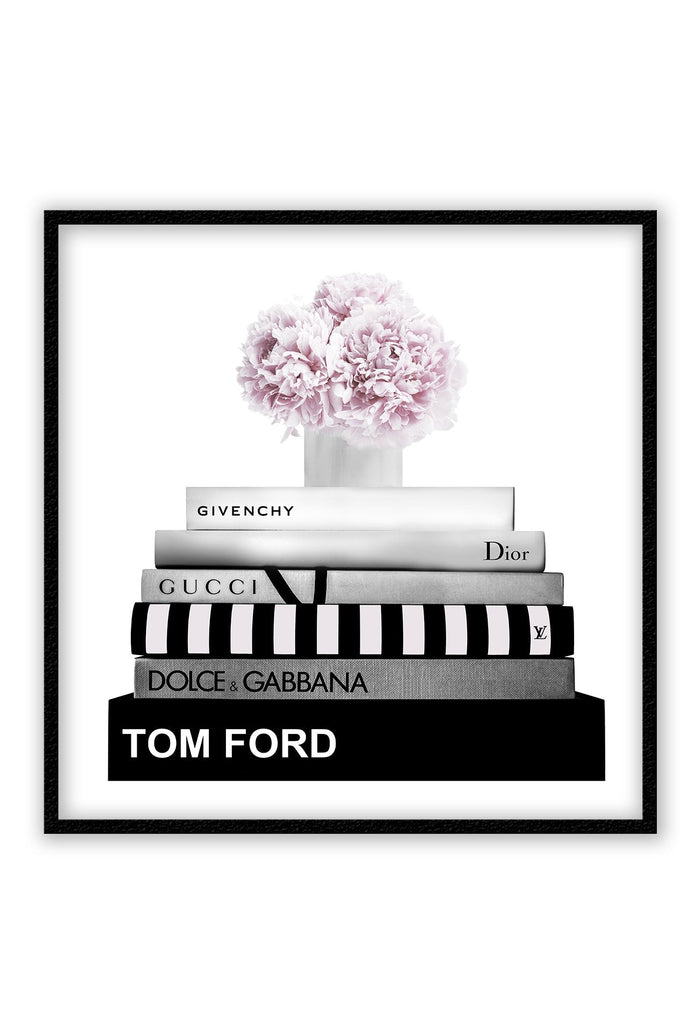 Fashion art square print stacked designer book floral arrangement on top tom ford chanel pink black white border.