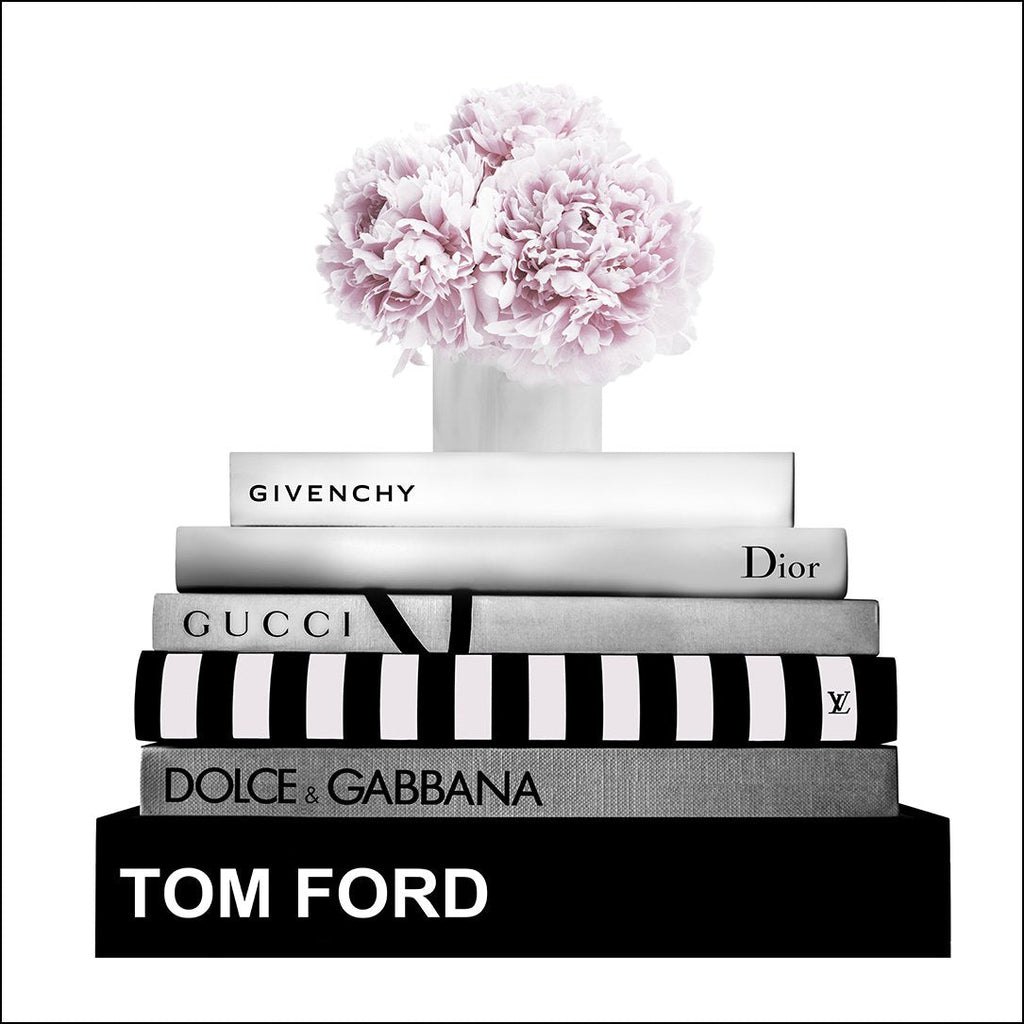 Fashion art square print stacked designer book floral arrangement on top tom ford chanel pink black white border.