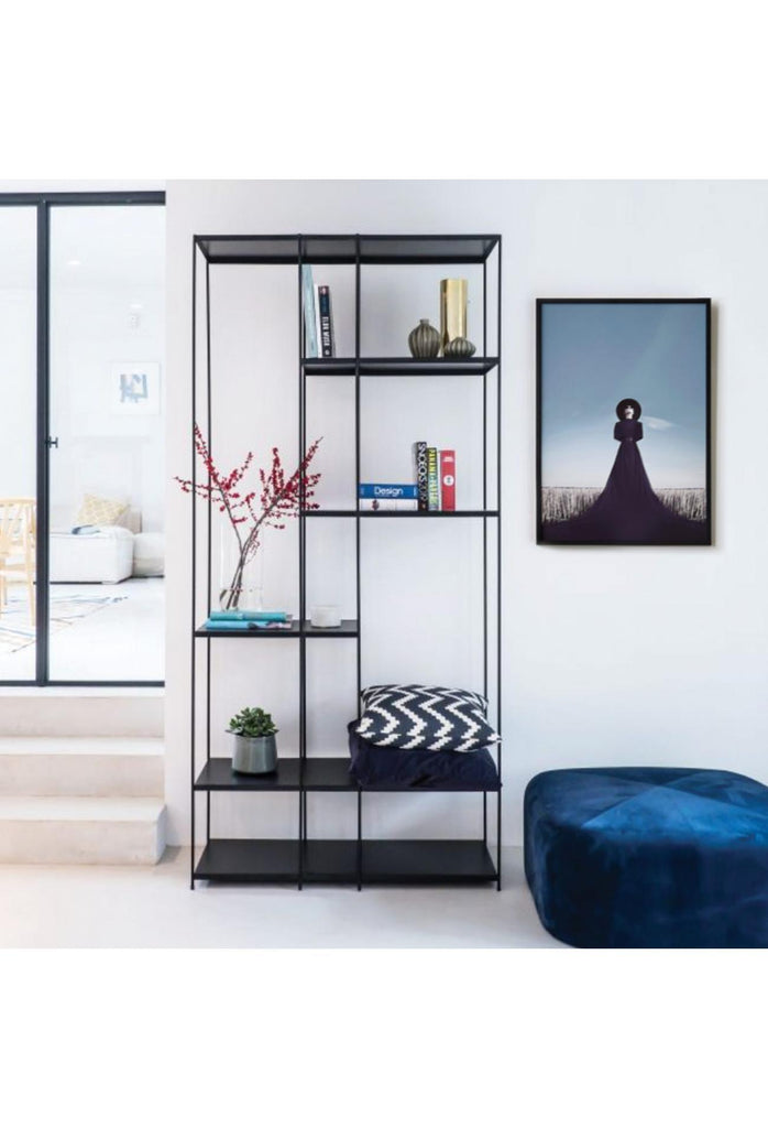 Minimalistic Black Metal Shelf with Assymetrical Shelves and a Fine Black Metal Frame on a White Background