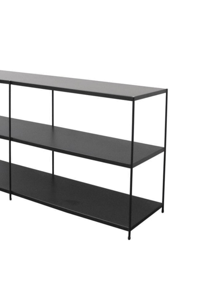 Three Tier Black Metal Console Table Shelf in Rectangular Shape with Sharp Edges and Fine Frame on White Background