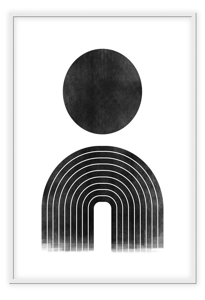 An abstract black and white wall art with black ink figure. 
