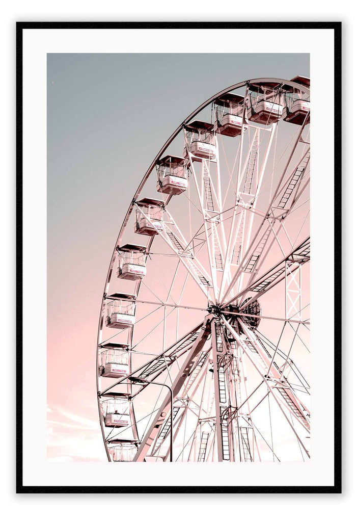 A nursery wall art with ferris wheel in pink and blue sky. 