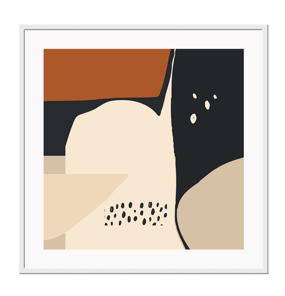 Abstract art print with random shapes in beige, rust and black complemented by groups of black and beige dots in square shape