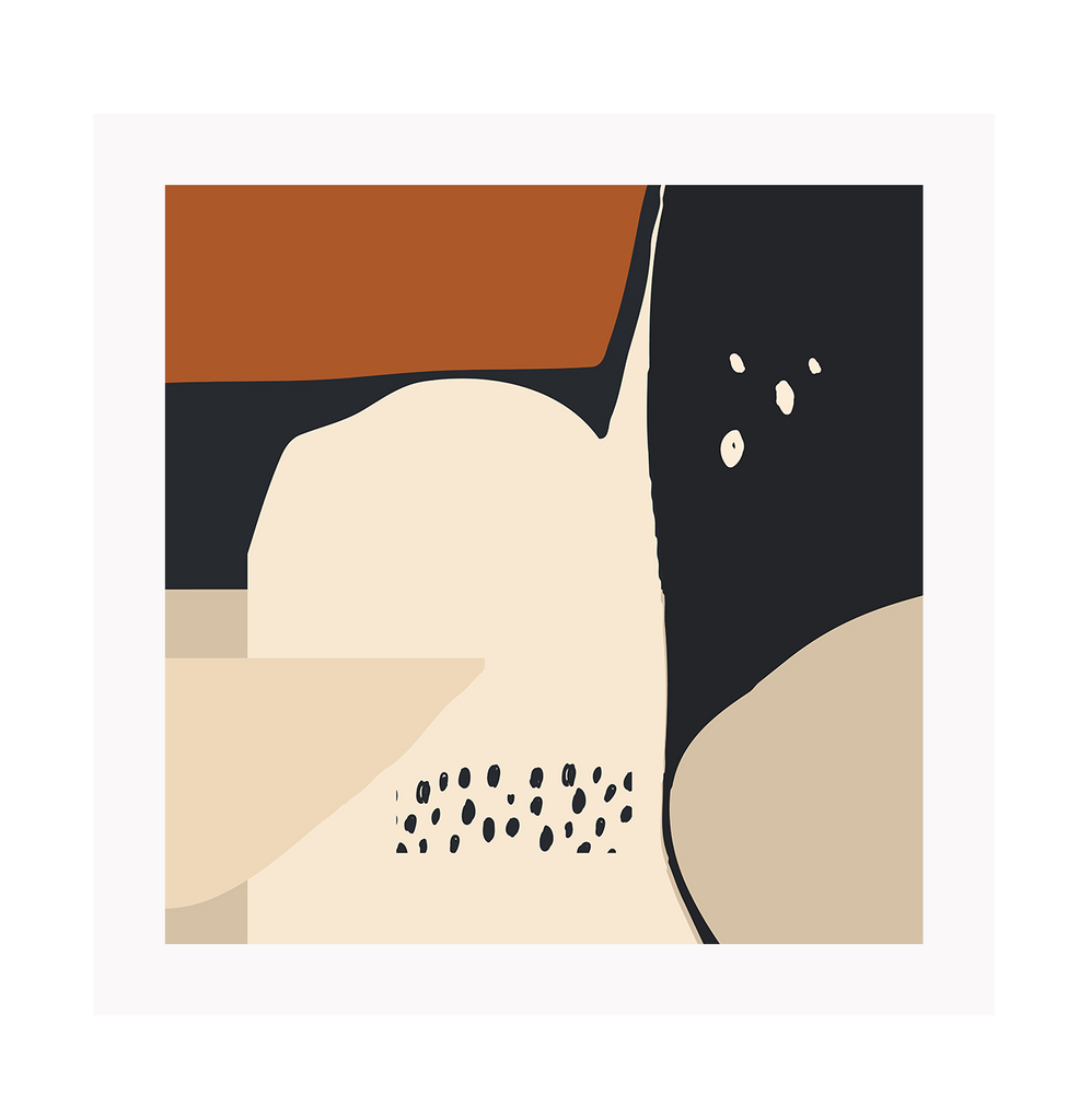 Abstract art print with random shapes in beige, rust and black complemented by groups of black and beige dots in square shape