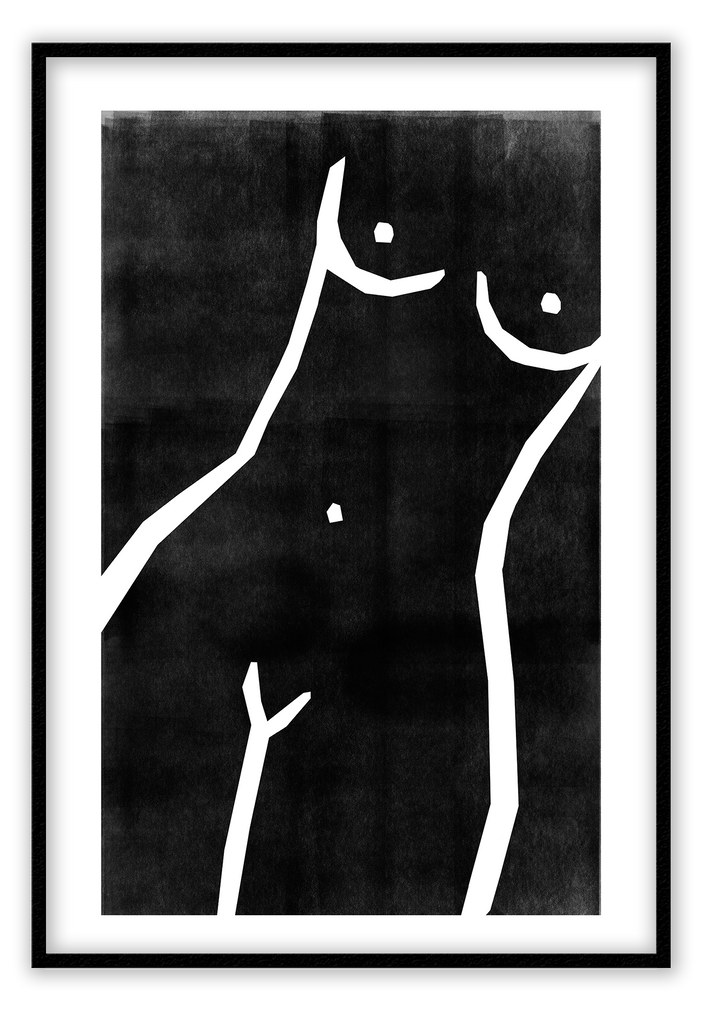 A black and white wall art with a nude woman sketch. 