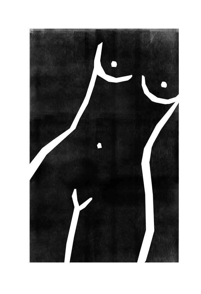 A black and white wall art with a nude woman sketch. 
