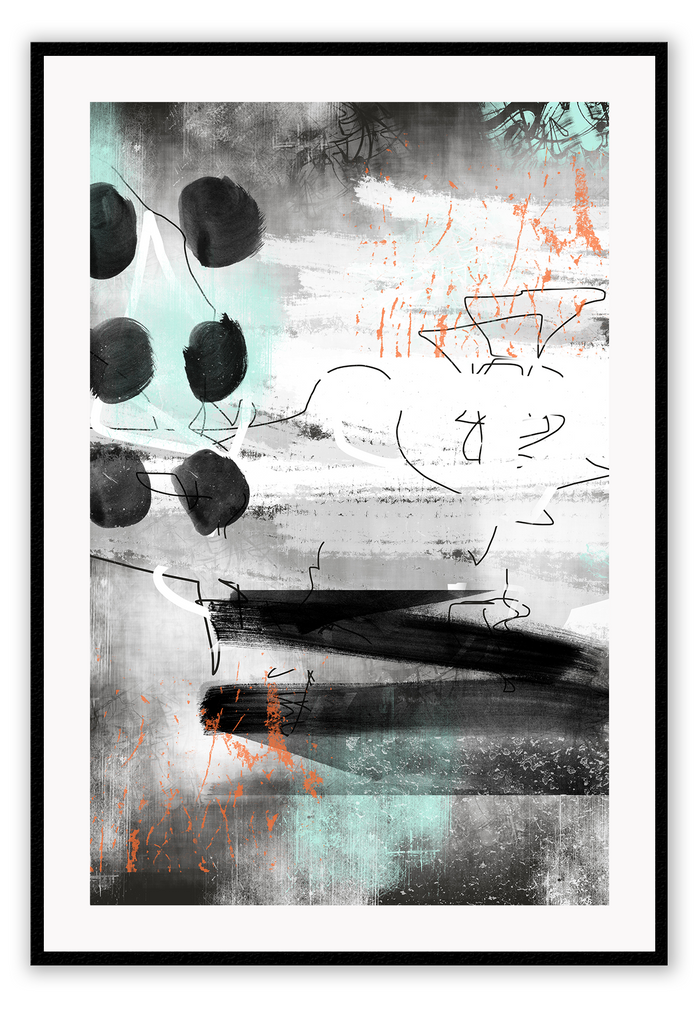 Graffiti style print with teal pink peach black orange white background random lines and shapes 