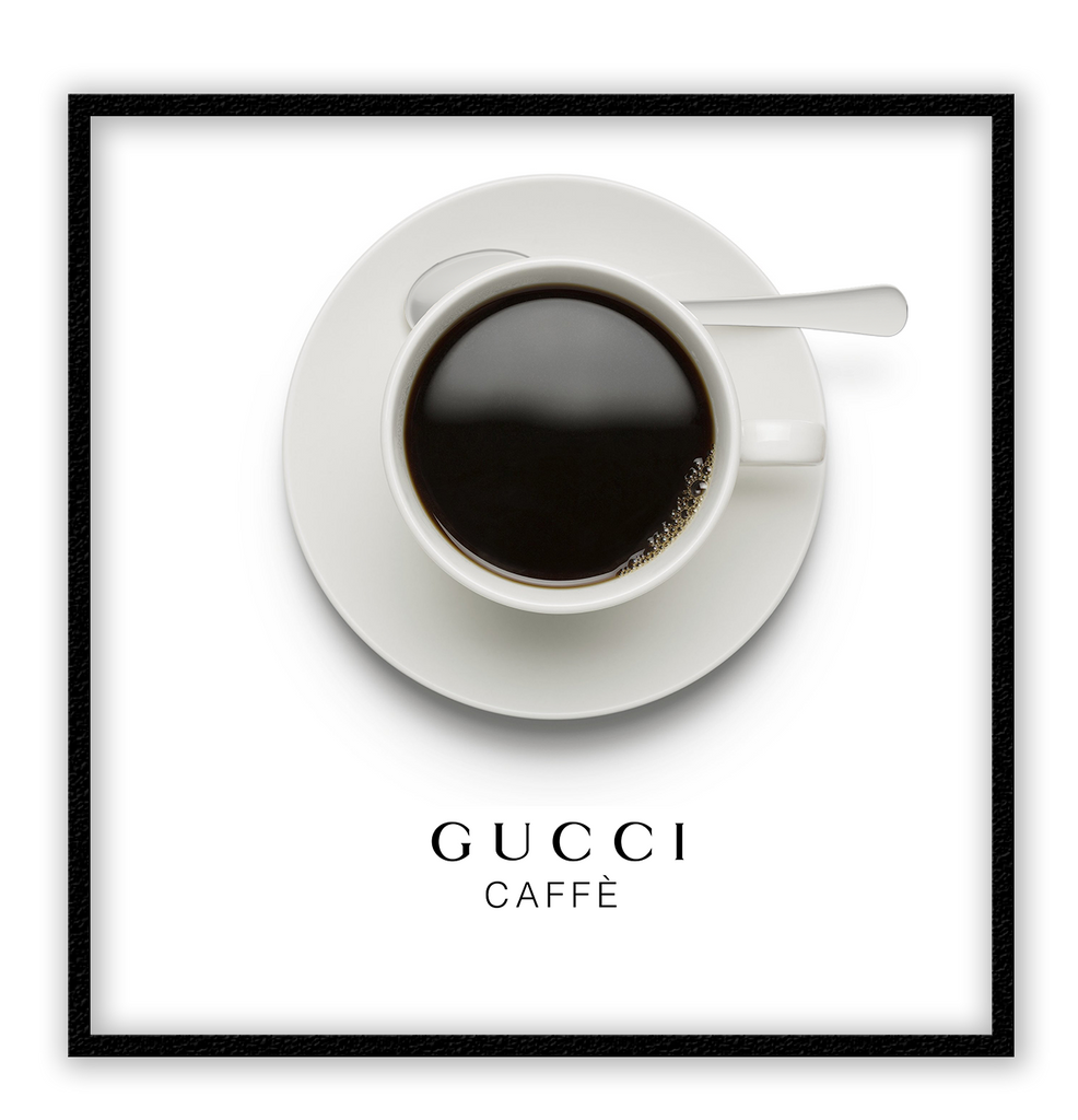 A pink or black and white fashion wall art with a coffee cup and Gucci fashion label in Gucci Caf≈Ω