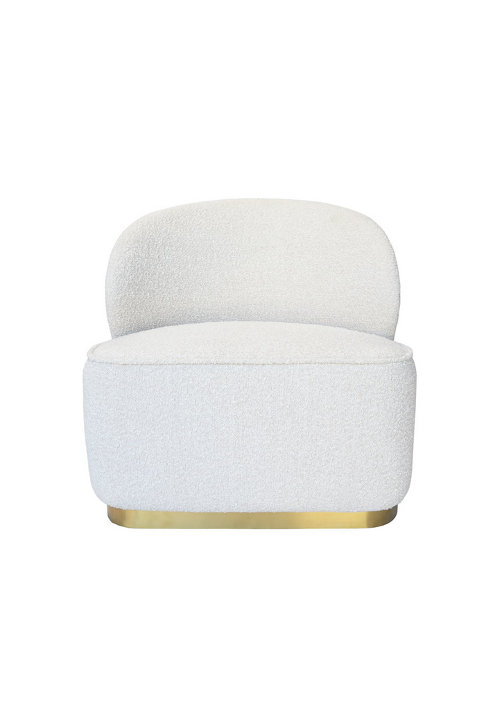 Chunky armless chair with curved back rest fully upholstered in ivory white boucle with a solid brushed gold metal base