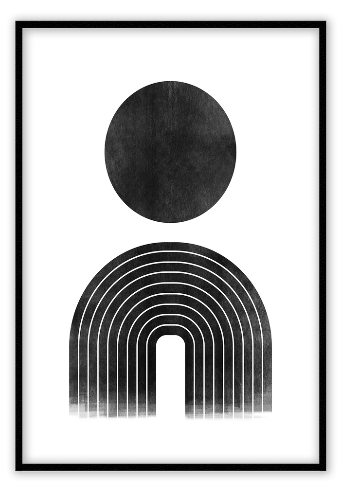 An abstract black and white wall art with black ink figure. 