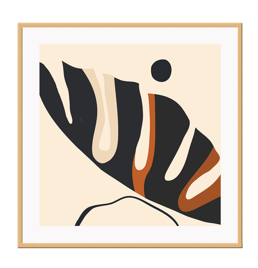 Abstract art print with the black outline of a monstera leaf complemented by rust hightlights on a beige background.