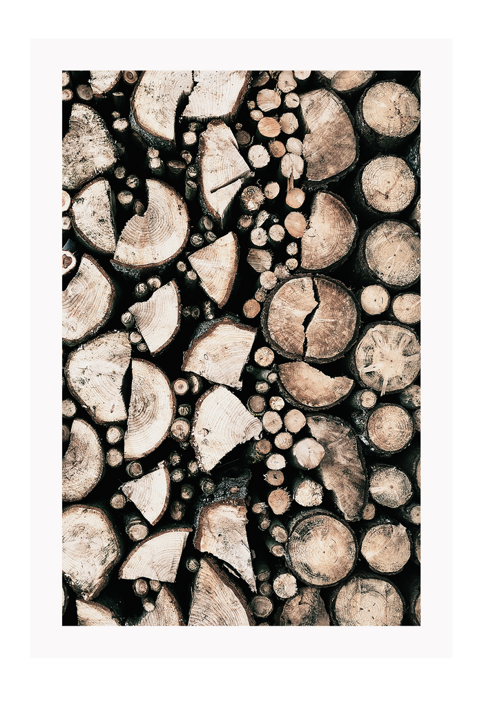 Natural print with small and large cut pieces of wood on a black background 