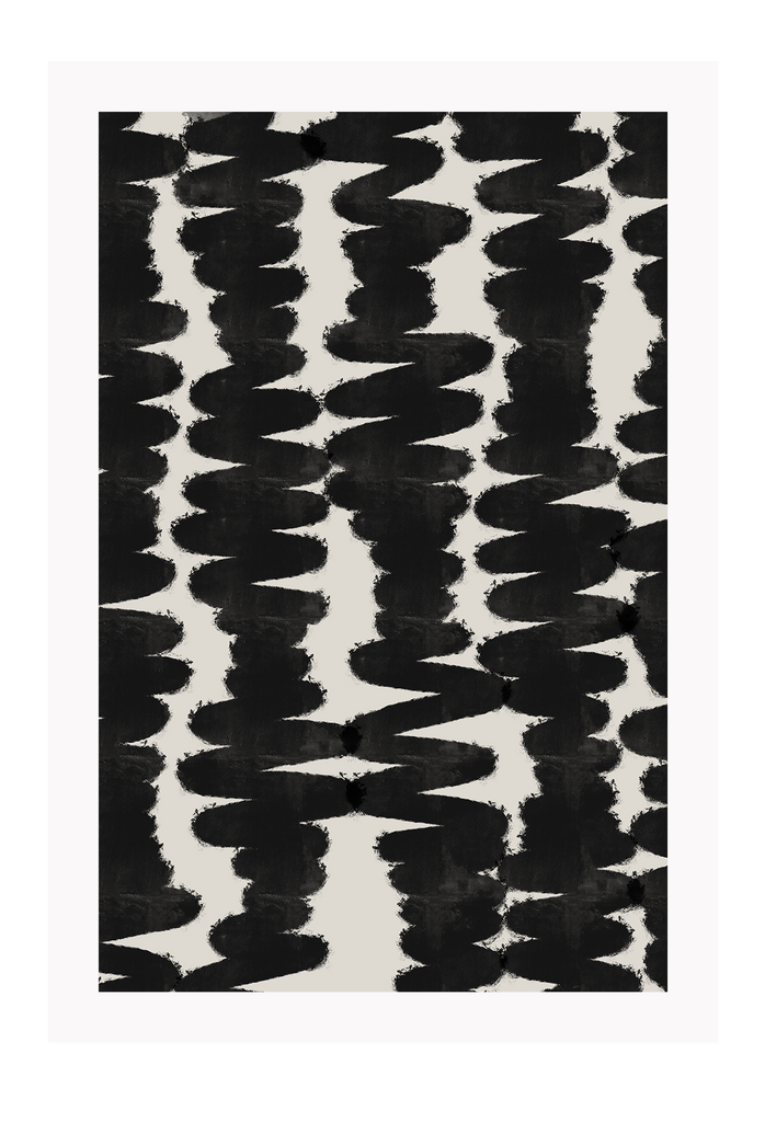 Minimalistic abstract style print with chunkuy black zig zag lines on a plain beige background.