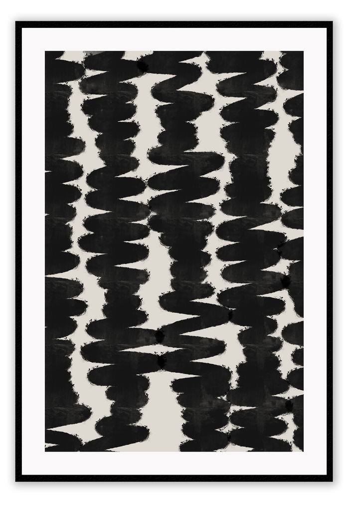 Minimalistic abstract style print with chunkuy black zig zag lines on a plain beige background.