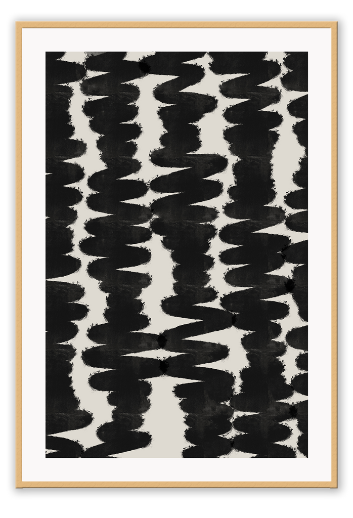 Minimalistic abstract style print with chunkuy black zig zag lines on a plain beige background.