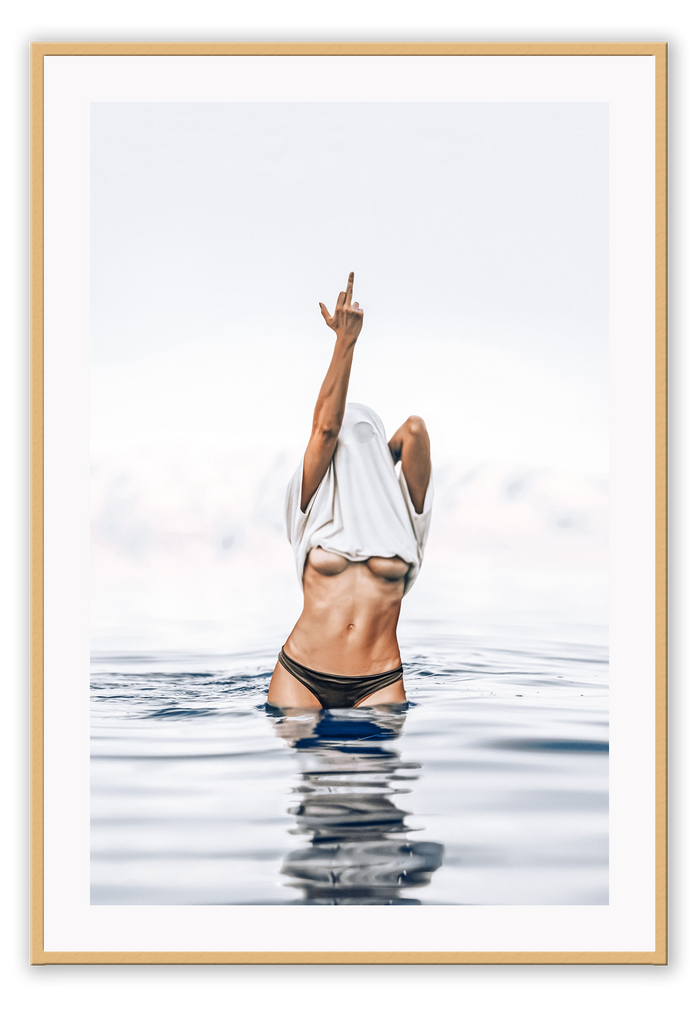 Woman photography beach sexy middle finger in water blue and white and nude