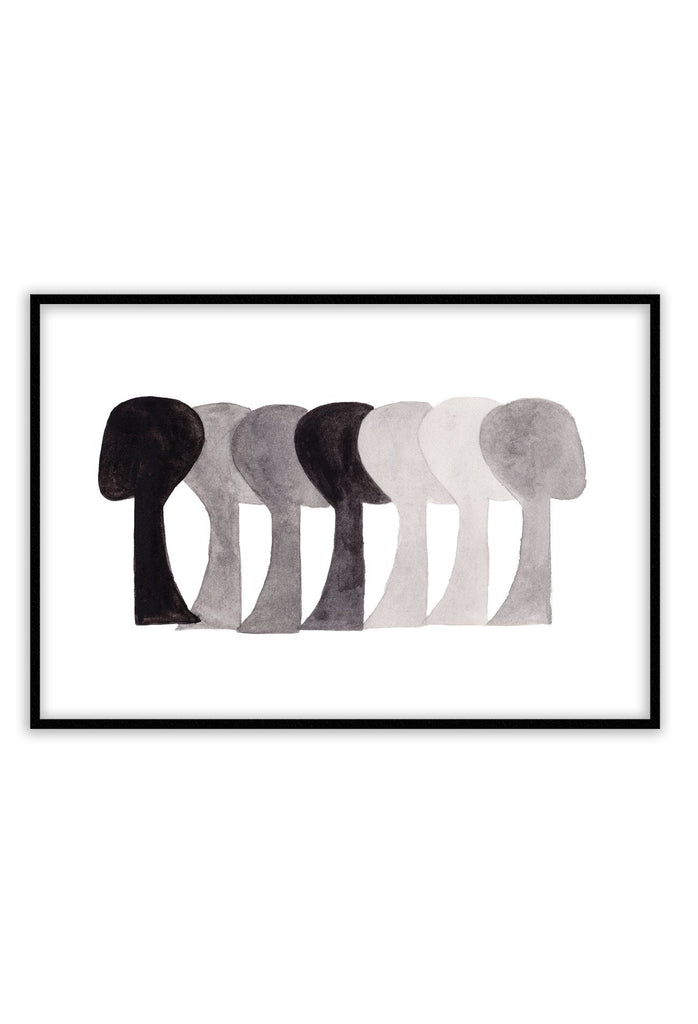 Abstract print with seven watercoloured textured heads in light grey to black tones on a plain white background.