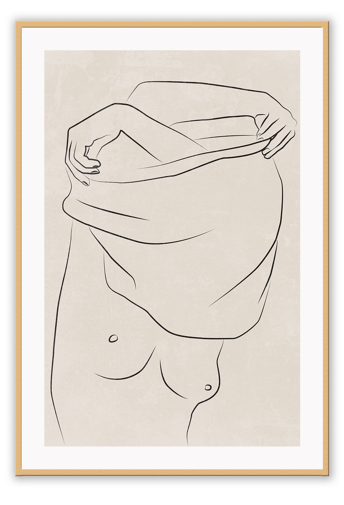 Portrait line art print woman outline black removing shirt on a beige textured background 