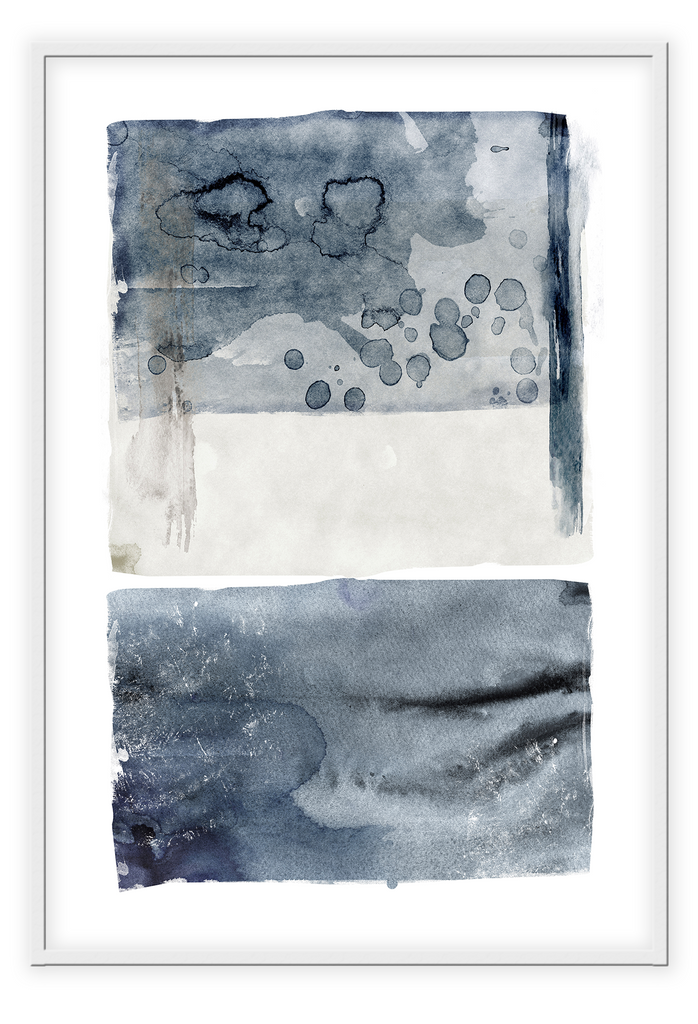 Abstract portrait modern minimalist art print with grey and blue watercolour rectangle shapes on a white background.