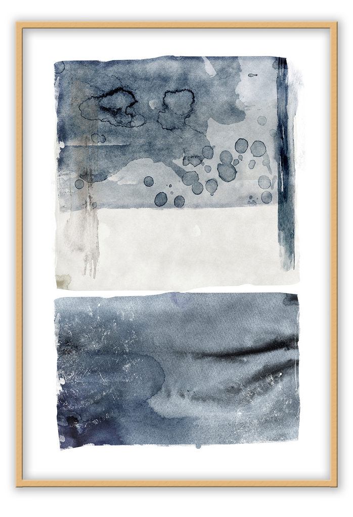 Abstract portrait modern minimalist art print with grey and blue watercolour rectangle shapes on a white background.