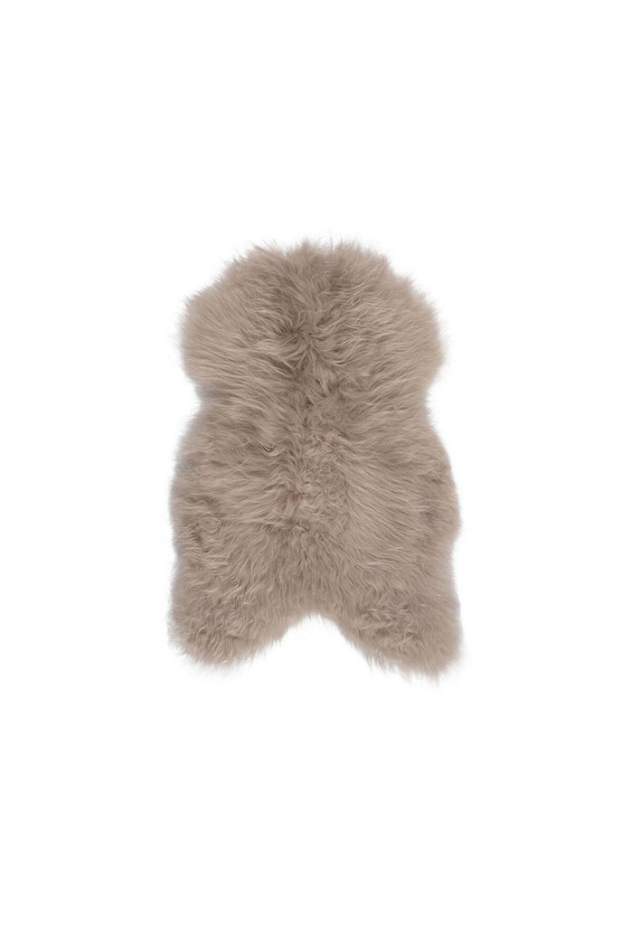 Natural Icelandic Sheepskin Rug Throw in its Organic Shape with Long Hair in Taupe on white Background