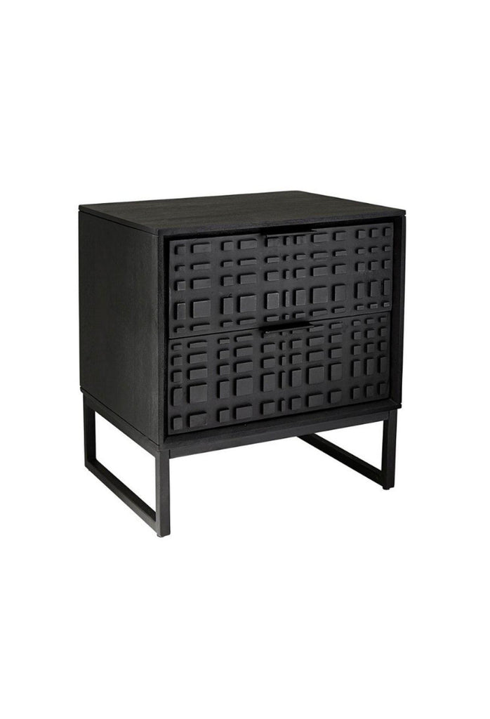 Black wooden cubic bedside table with two drawers featuring carved square shaped details on the front and slim black metal legs