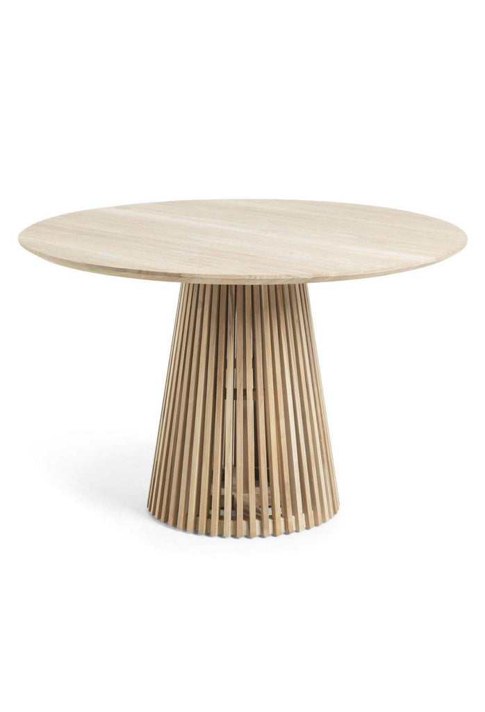 Round timber Dining table with a unique base created with natural wooden panels placed one by one in a round shape on a white background