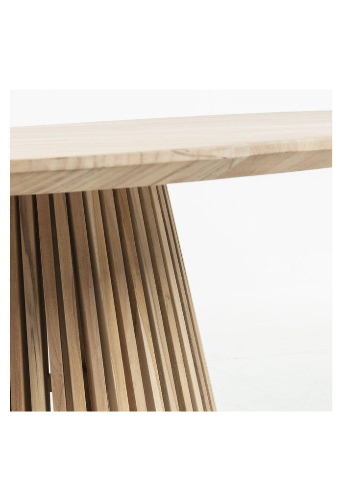 Round timber Dining table with a unique base created with natural wooden panels placed one by one in a round shape on a white background