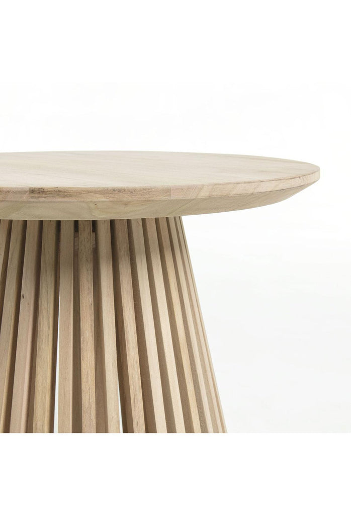 Unique round side table with a natural teak wood finish featuring a base made of timber pieces placed next to each other forming a cone shape