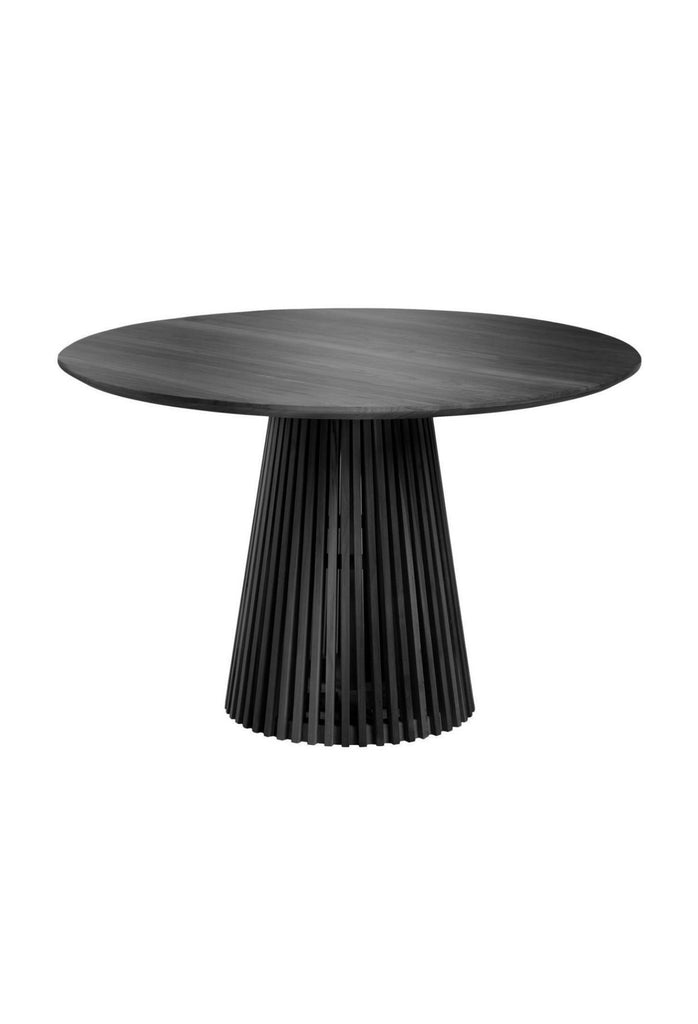 Round black wooden dining table with a unique base created with black wooden panels placed one by one in a round shape on a white background
