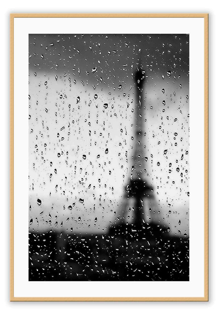 An urban wall art with a window view of raining Paris Eiffel Tower