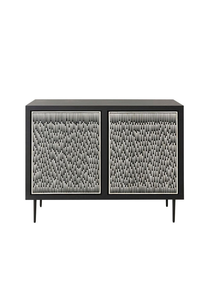Black Rectangular Sideboard with Two Doors Featuring White Bone Inlay Detailing Creating Eye Catching Drip Pattern