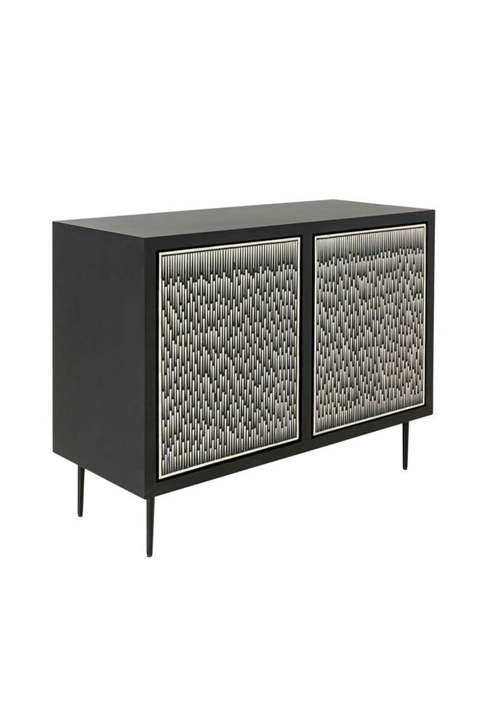 Black Rectangular Sideboard with Two Doors Featuring White Bone Inlay Detailing Creating Eye Catching Drip Pattern