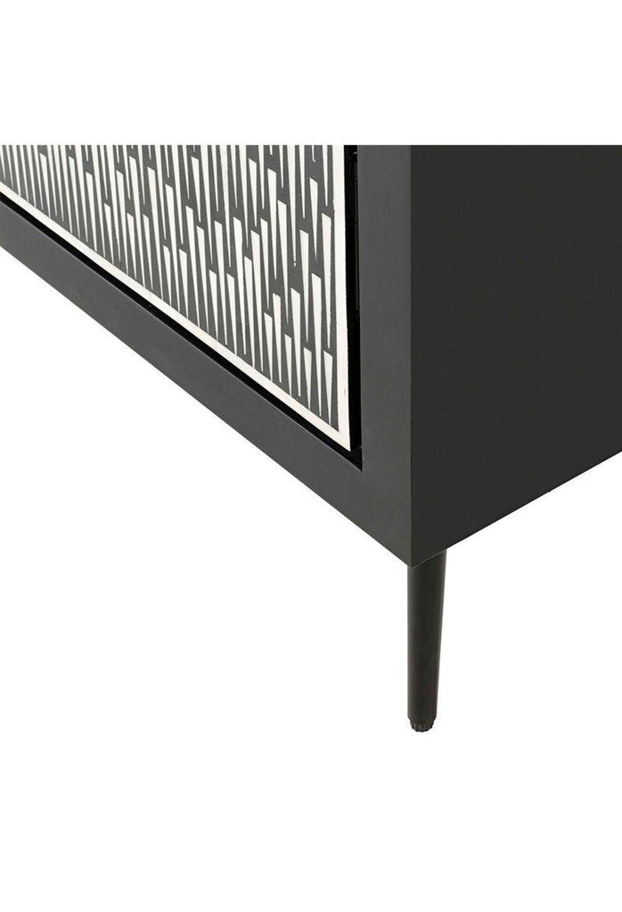 Black Rectangular Sideboard with Two Doors Featuring White Bone Inlay Detailing Creating Eye Catching Drip Pattern
