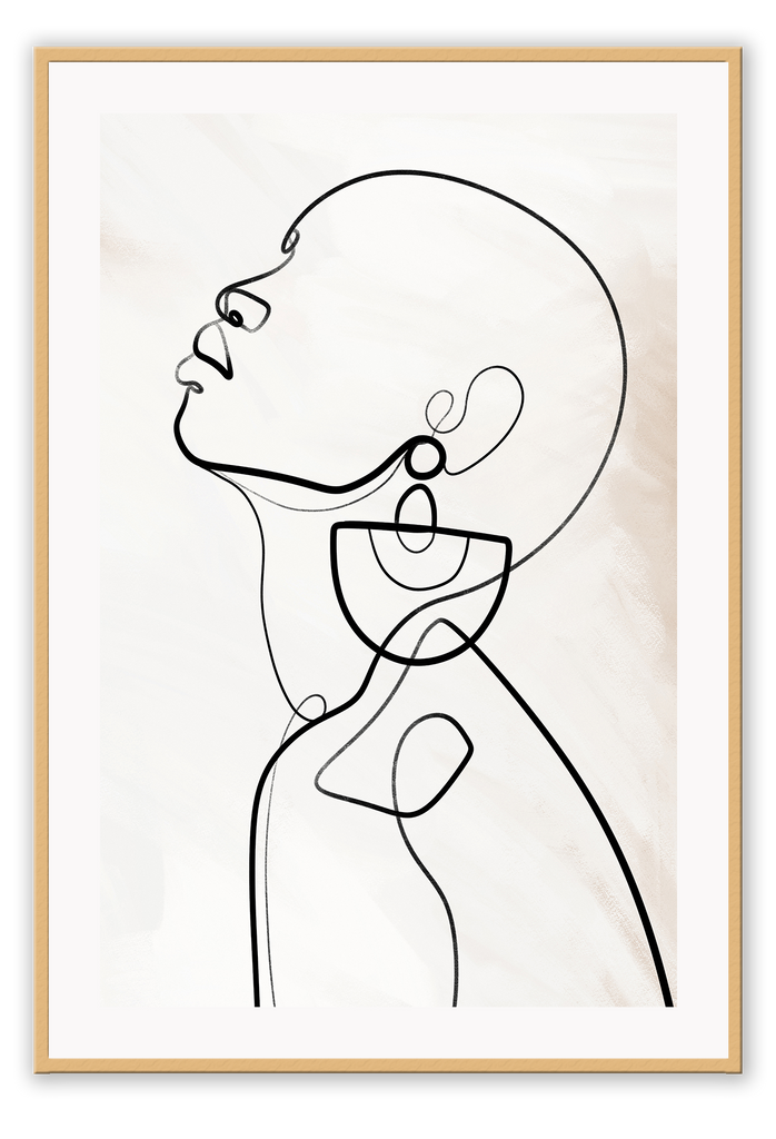 Modern line art sketch print woman portrait profile earring body bedroom shape lady black line cream background.