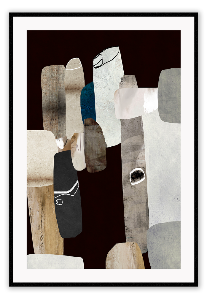 Abstract print with random grey, beige and blue textured rounded shapes on a plain black background