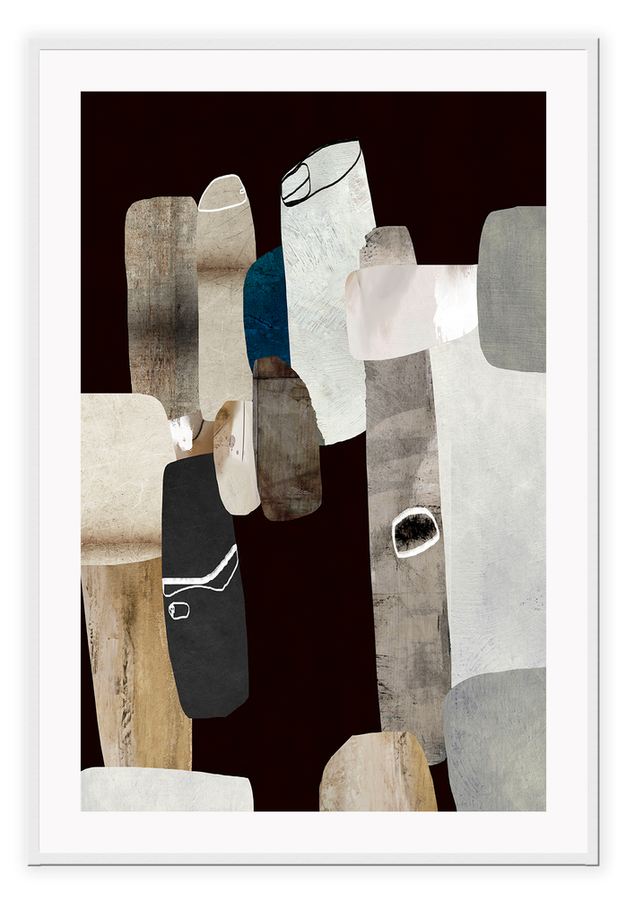 Abstract print with random grey, beige and blue textured rounded shapes on a plain black background