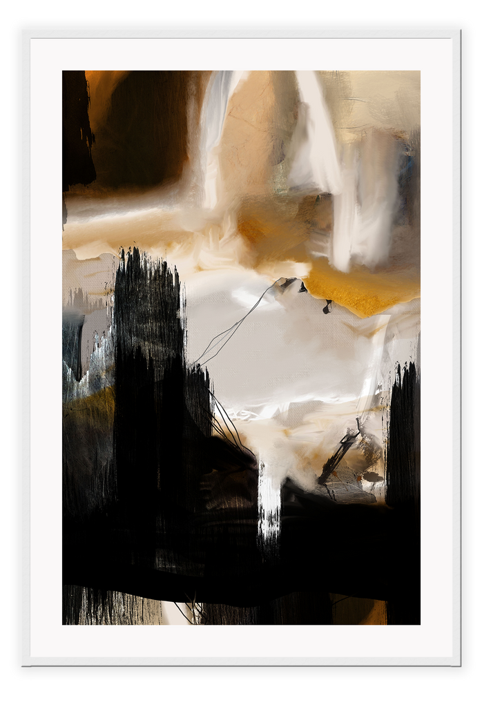 Abstract print with brushstrokes of black, mustard, white, grey and cream portrait landscape minimal