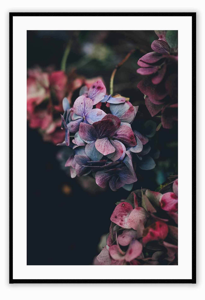 A natural wall art with purple and pink flowers on dark background