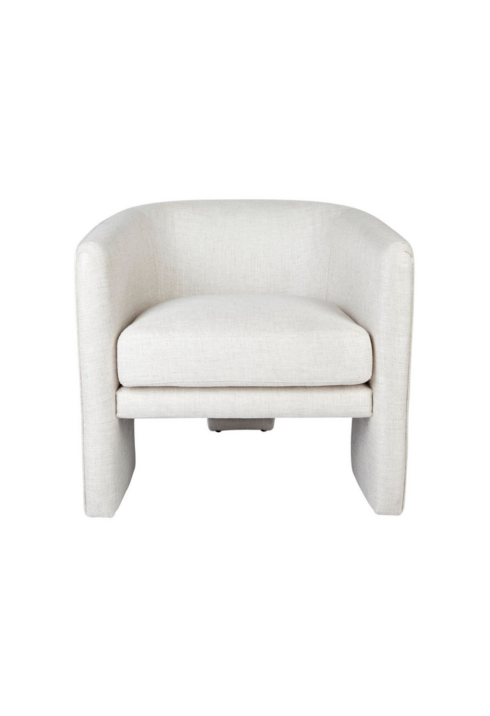 Modern armchair with a curved back rest and tripod legs fully upholstered in natural ivory linen on white background