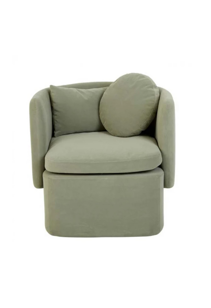 Fully upholstered tub-style armchair in sage green velvet with matching cushions on a white background