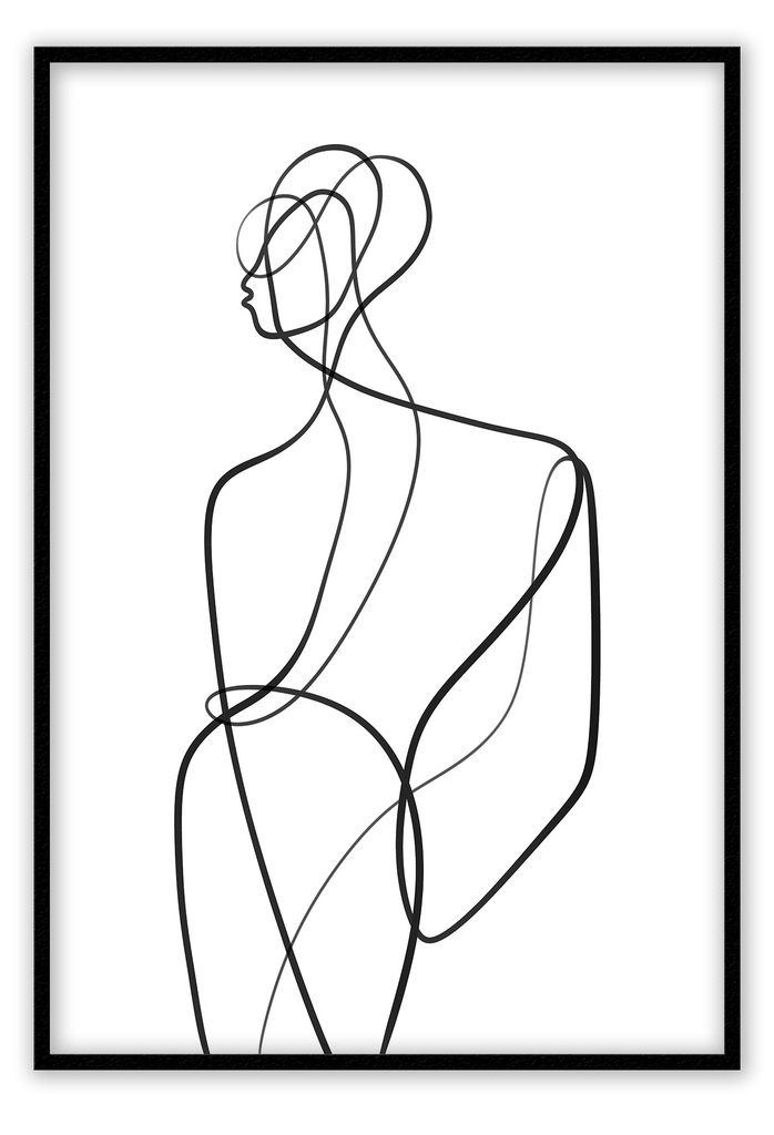 Line art minimal scandi portrait print outline shape woman hand body sexy bedroom black line on white background.