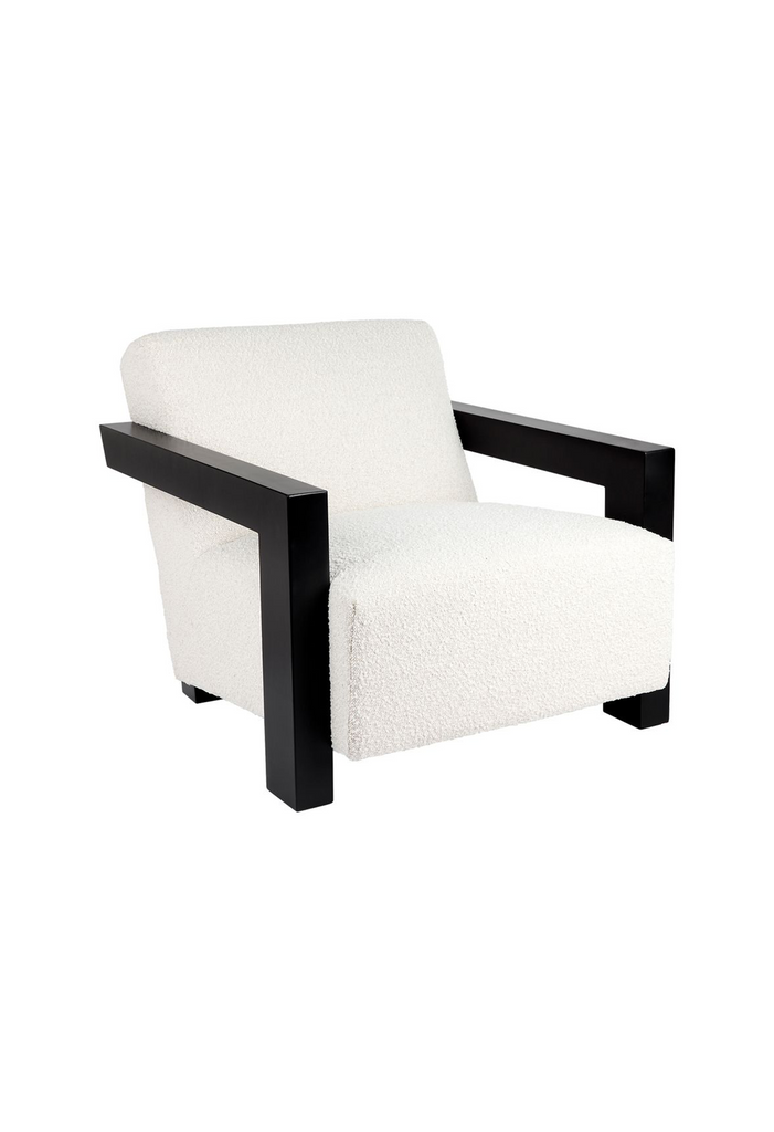 Modern Armchair upholstered in ivory boucle with black wooden arms in geometric shape and sharp edges on a white background