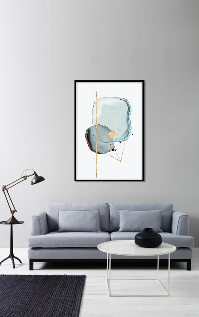 Abstract minimal print with blue and grey tones gold geometric shapes and white background portrait landscape