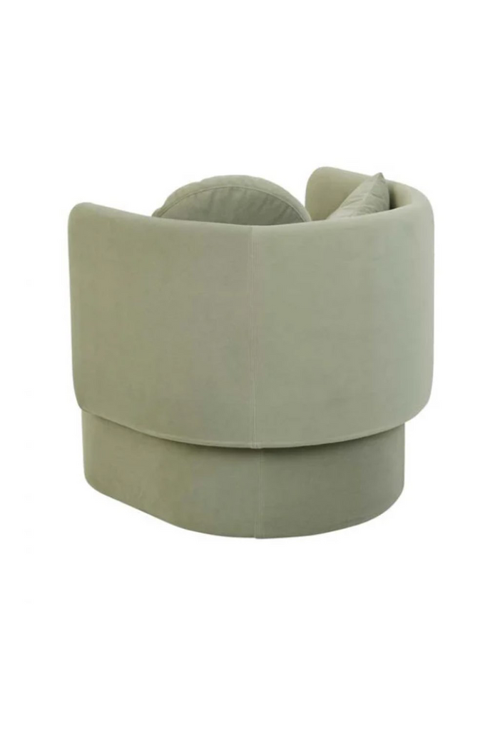 Fully upholstered tub-style armchair in sage green velvet with matching cushions on a white background