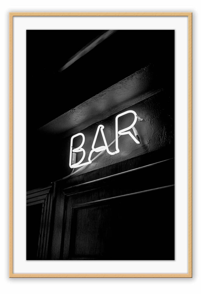 A fashion typography wall art of neon bar sign in black and white. 