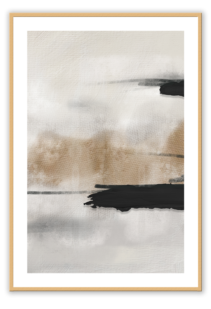 Abstract art print with two chunky horizontal brushstrokes on the right hand side on grey and light brown background.