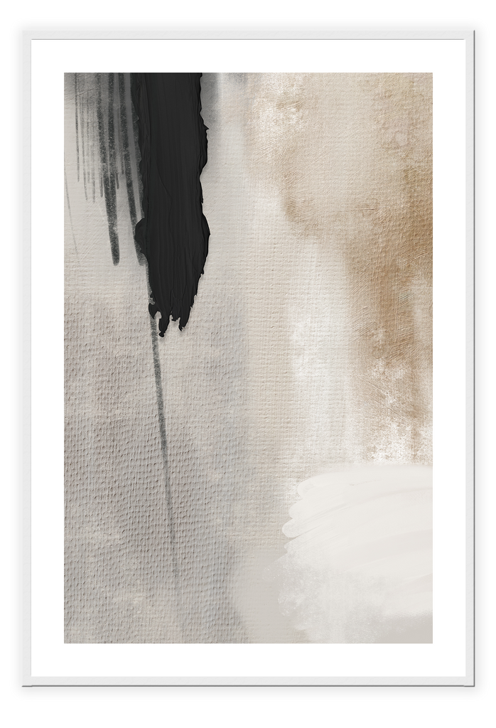Abstract art print in brushtroke texture with black chunky brushstrokes in top left corner on a light grey background.